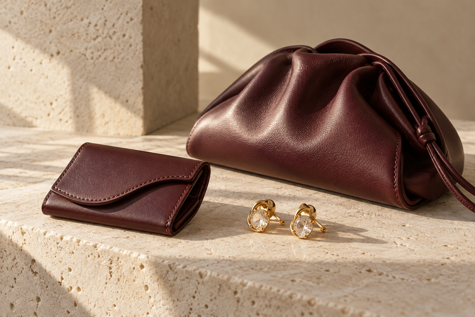 Burgundy leather craftsmanship and gold jewelry in a warm stone atelier